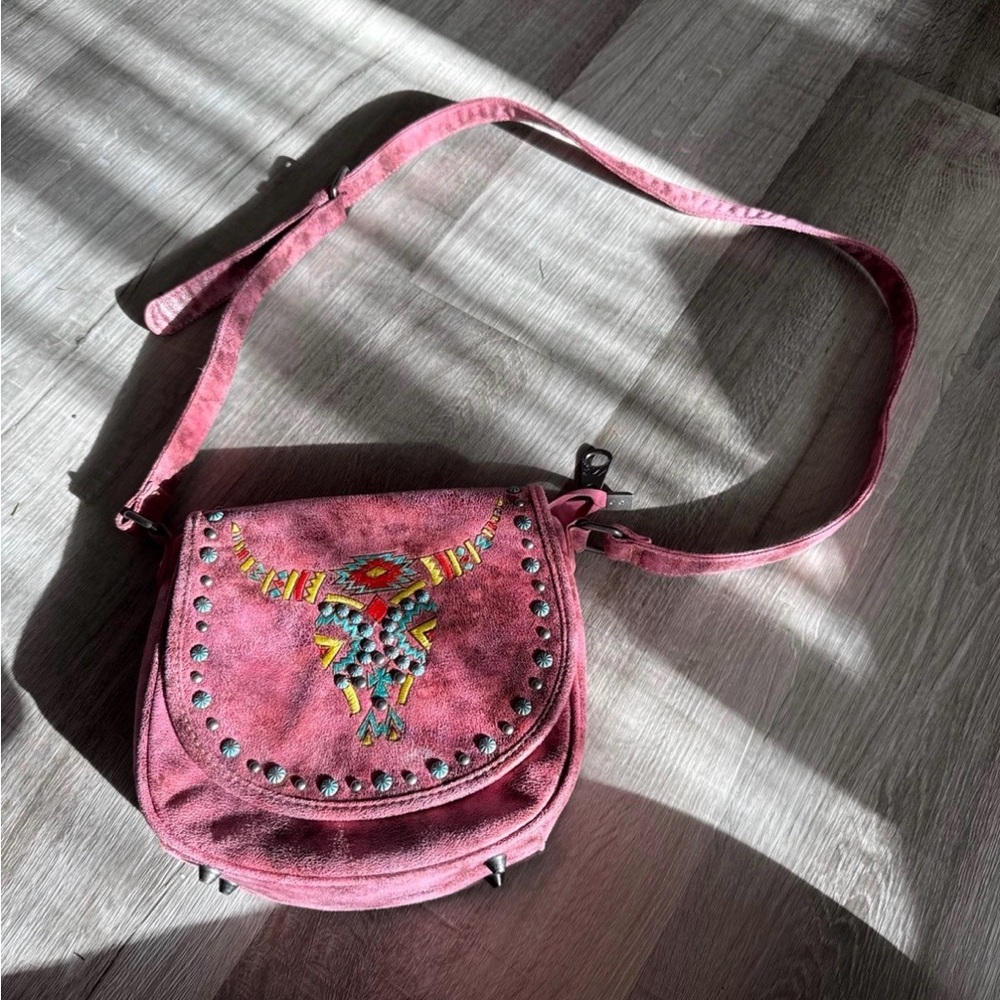 Pink Embroidered Suede Crossbody Bag